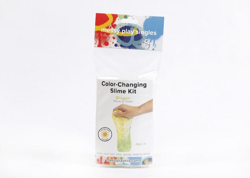 Single packaging for Messy Play Kit's color-changing Dragon slime that changes from yellow to green in the sunlight