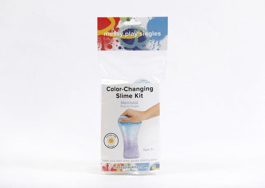 Single packaging for Messy Play Kit's color-changing Mermaid slime that changes from blue to purple in the sunlight