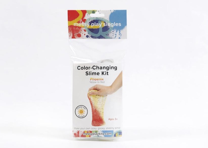 Single packaging for Messy Play Kit's Phoenix slime that changes from yellow to red in the sunlight