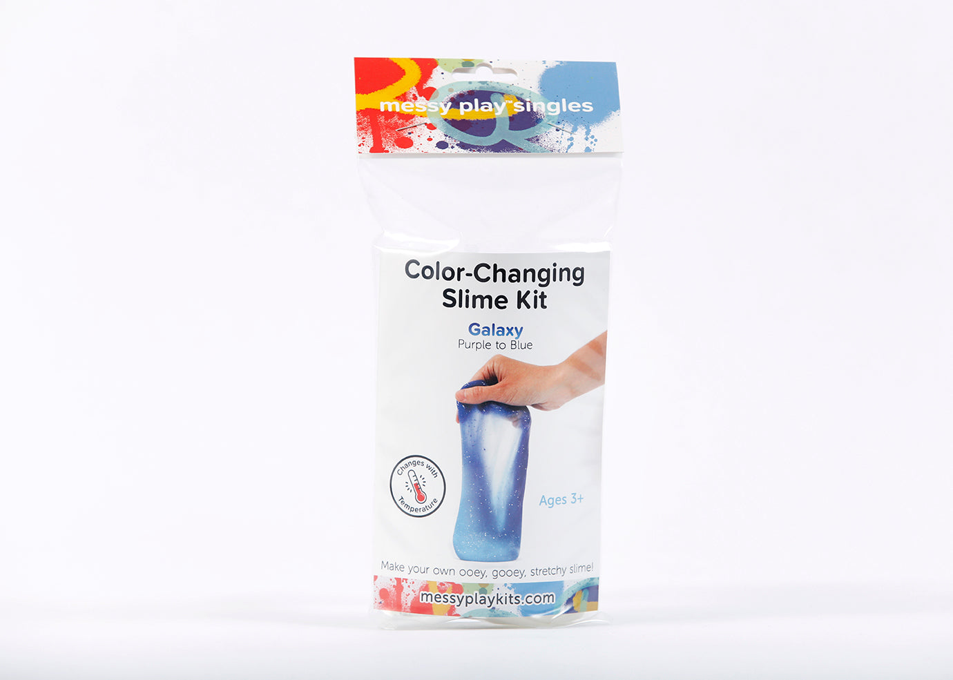 Single packaging for Messy Play Kit's color-changing Galaxy slime that changes from purple to blue based on temperature.