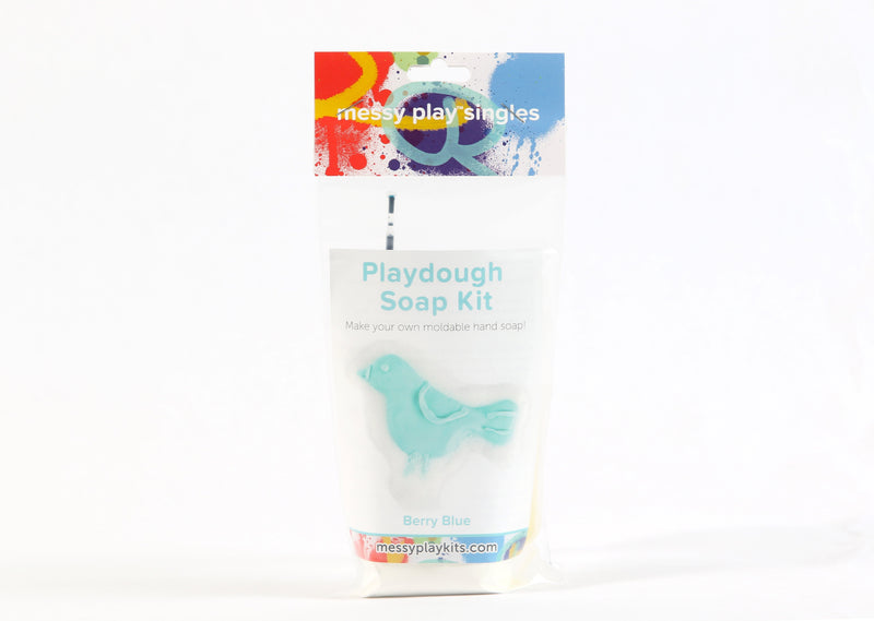 Single package of the Berry Blue color of Messy Play Kit's playdough soap DIY kit. Label shows a bird molded from the turquoise playdough soap.