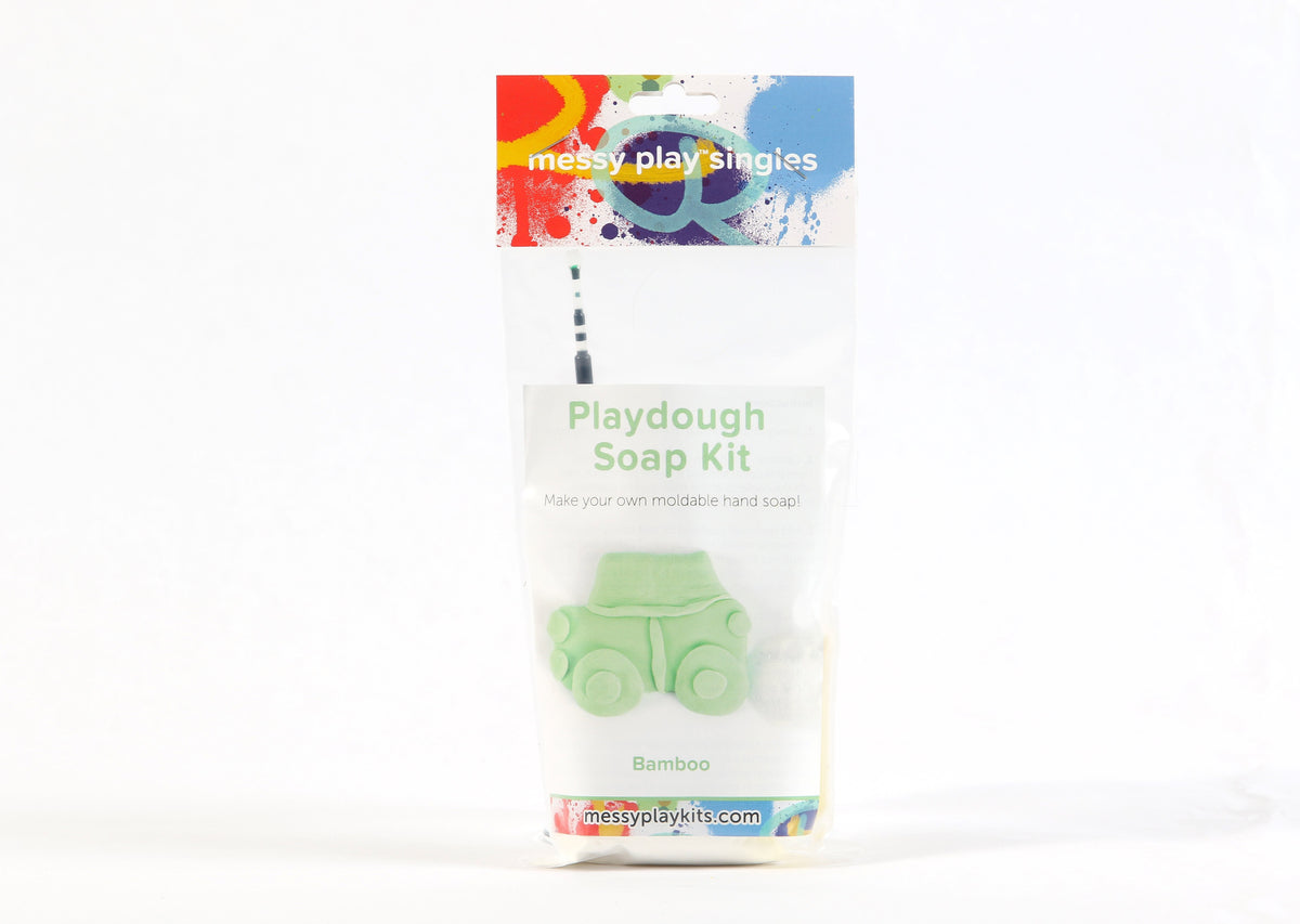 Single package of the Bamboo color of Messy Play Kit's playdough soap DIY kit. Label shows a truck molded from the green playdough soap.