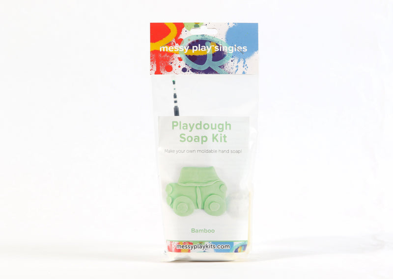 Single package of the Bamboo color of Messy Play Kit's playdough soap DIY kit. Label shows a truck molded from the green playdough soap.
