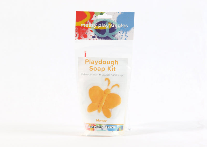 Single package of the Mango color of Messy Play Kit's playdough soap DIY kit. Label shows a butterfly molded from the orange playdough soap.
