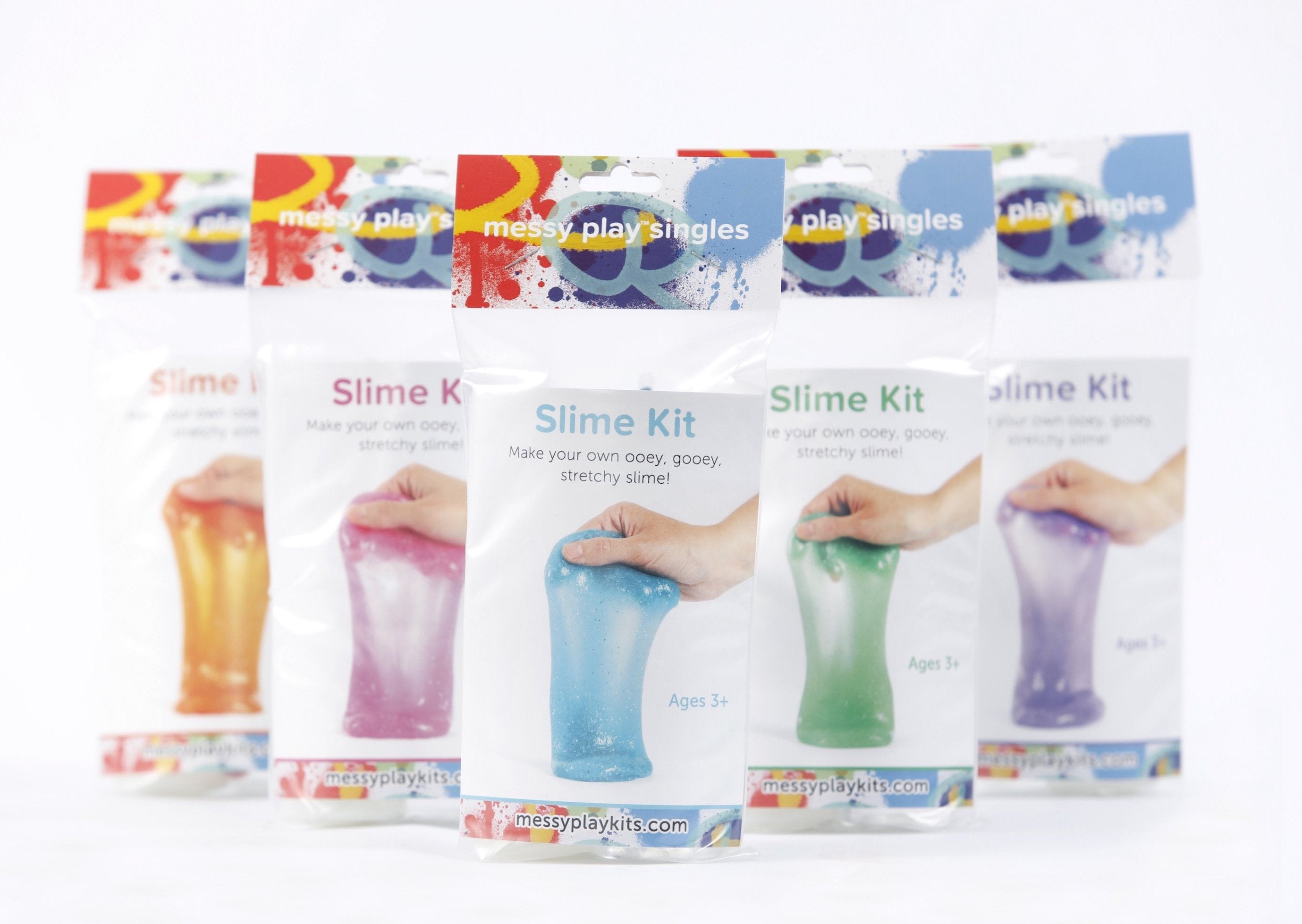 Five packages of glitter slime available in varying colors, including orange, magenta, turquoise, green, and purple.