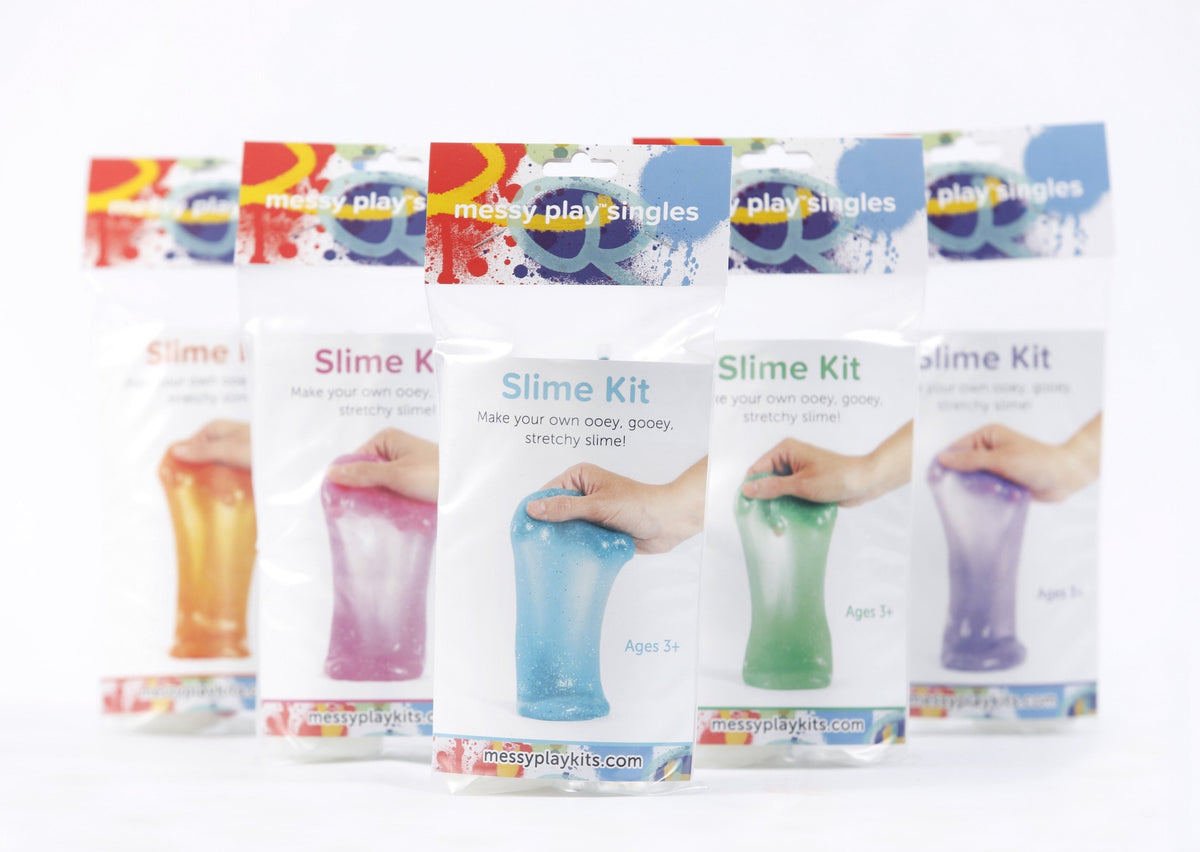 Five packages of glitter slime available in varying colors, including orange, magenta, turquoise, green, and purple.