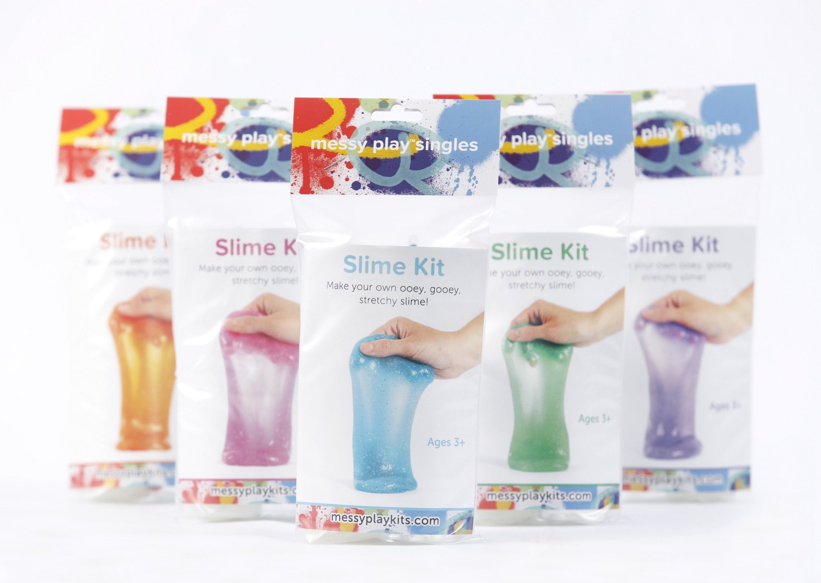 Five packages of glitter slime available in varying colors, including orange, magenta, turquoise, green, and purple.