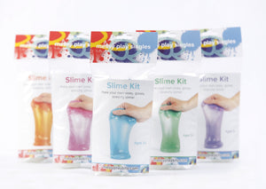 Five packages of glitter slime available in varying colors, including orange, magenta, turquoise, green, and purple.