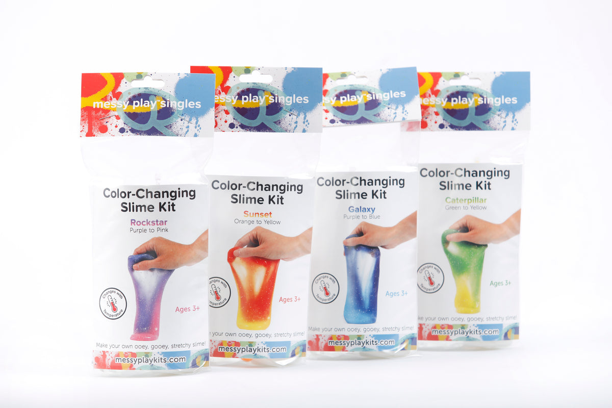 Four packages of thermochromic Color-Changing Slime Kits available, including themes of Rockstar, Sunset, Galaxy, and Caterpillar.