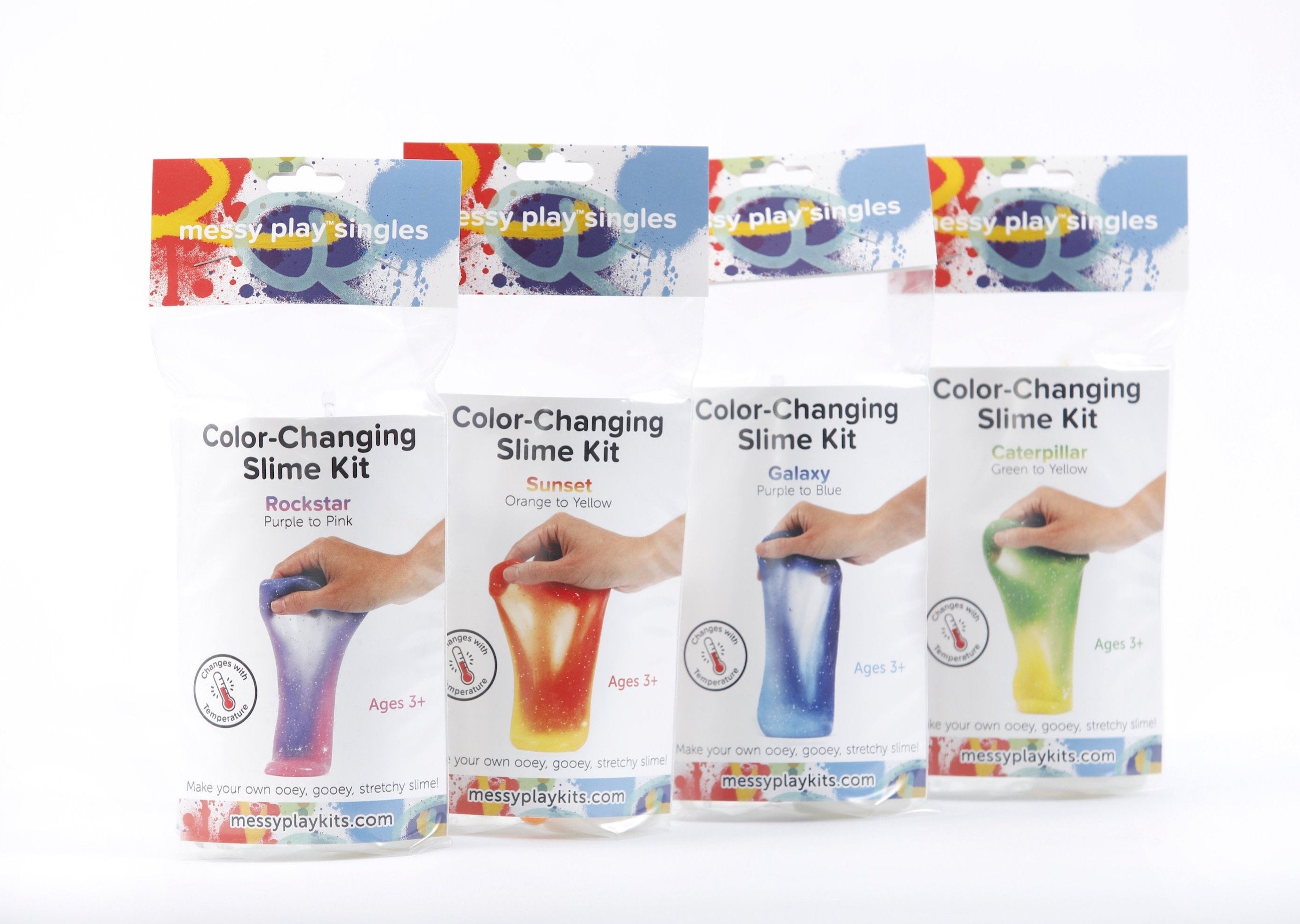 Four packages of thermochromic Color-Changing Slime Kits available, including themes of Rockstar, Sunset, Galaxy, and Caterpillar.