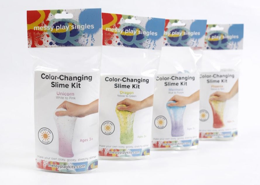 Four packages of Photochromatic Color-Changing Slime Kits available, including themes of Unicorn, Dragon, Mermaid, and Phoenix