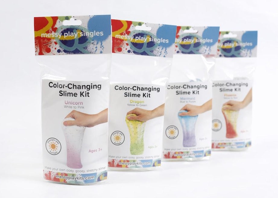 Four packages of Photochromatic Color-Changing Slime Kits available, including themes of Unicorn, Dragon, Mermaid, and Phoenix