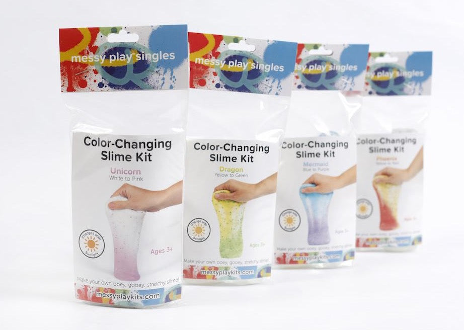 Four packages of Photochromatic Color-Changing Slime Kits available, including themes of Unicorn, Dragon, Mermaid, and Phoenix