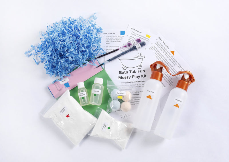 Bath Tub Fun Messy Play Kit contents including instructions, bath bombs, and spray bottles