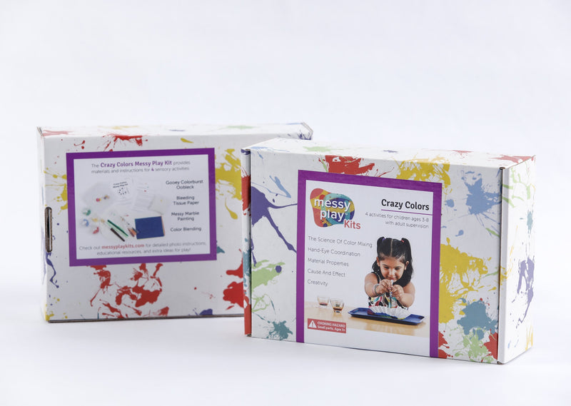 platter painted box package of Crazy Colors Messy Play Kit, front and back of box.