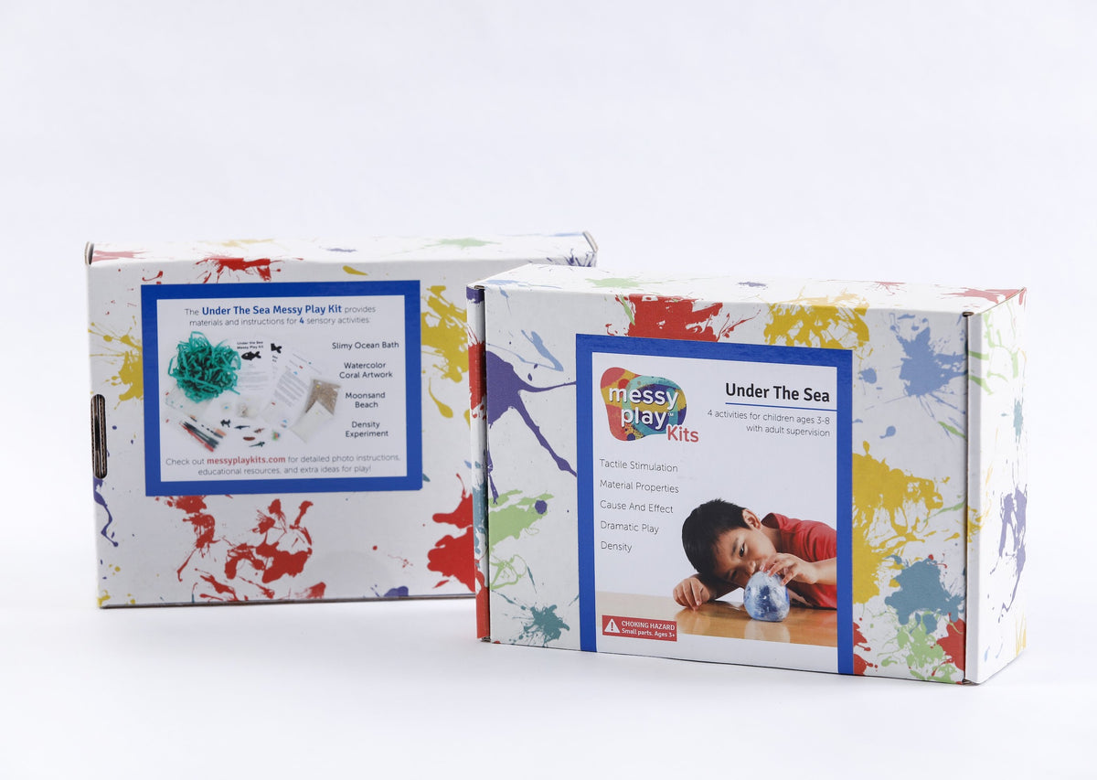 Splatter painted box package of the Under The Sea Messy Play Kit, front and back of box.