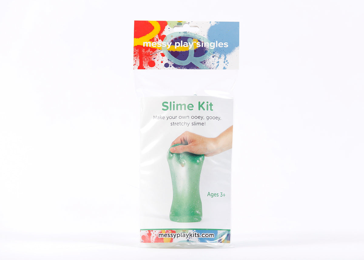 Single package of Messy Play Kit's green glitter slime that says "Slime Kit. Make your own ooey, gooey, stretchy slime. Ages 3+."