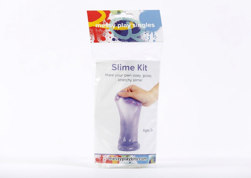 Single package of Messy Play Kit's purple glitter slime that says "Slime Kit. Make your own ooey, gooey, stretchy slime. Ages 3+."