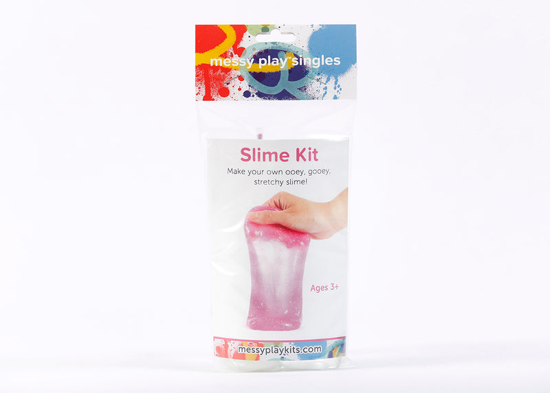 Single package of Messy Play Kit's magenta glitter slime that says "Slime Kit. Make your own ooey, gooey, stretchy slime. Ages 3+."