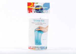 Single package of Messy Play Kit's turquoise glitter slime that says "Slime Kit. Make your own ooey, gooey, stretchy slime. Ages 3+."
