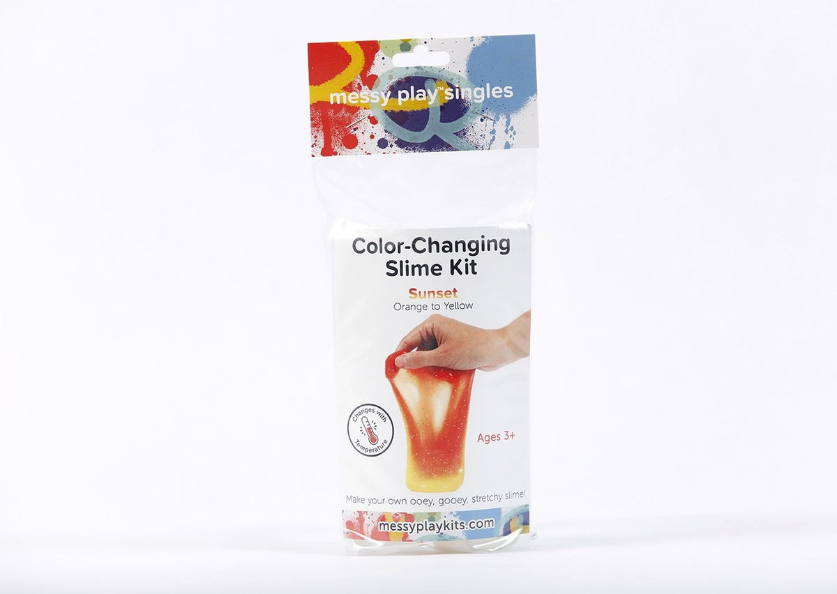 Single package of Messy Play Kit's color-changing Sunset slime that changes from orange to yellow based on temperature.