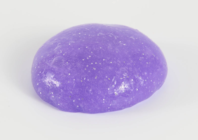 Round ball of purple glitter slime by Messy Play Kits.